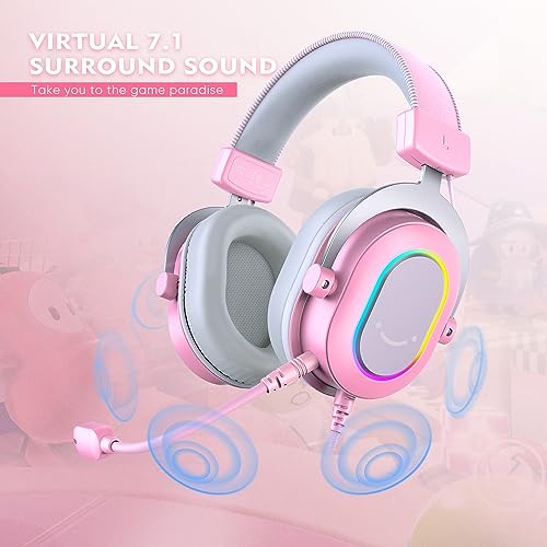 FIFINE H6P Wired Gaming Headset with Noise Canceling Mic for PC,PS4/5 | Large 50mm Drivers, 7.1 Surround Sound, Solid Metal Frame, 3 EQ Modes, Vibrant RGB, USB In-line Control, for gamer/streamers - color: Pink