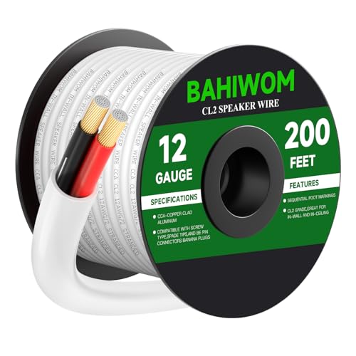 White Speaker Wire 12 Gauge 200FT CL2 Rated CCA Speaker Cable | Flexible PVC Jacket 2 Conductors Red & Black Polarity Mark for Home Theater,Indoor,In-Wall,In-Ceiling & Marine - size: 200 FT, style: 12GAUGE