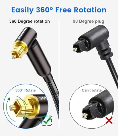 90 Degree Toslink Optical Cable 360 Degree Free-Rotating Plug Fiber Optic Cable S/PDIF Toslink Male to Male for Home Theater, Sound Bar, TV, PS4 (90 ° Optical Audio Cable, Black, 6ft/2M) - size: 6ft/2M