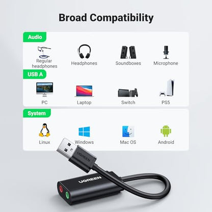 UGREEN USB to Audio Jack Sound Card Adapter with TRS 3.5mm Headphone & Mics | USB Sound Card Jack Adapter Compatible with Computer, PS5, PS4, USB Audio Stereo Adapter External Sound Card