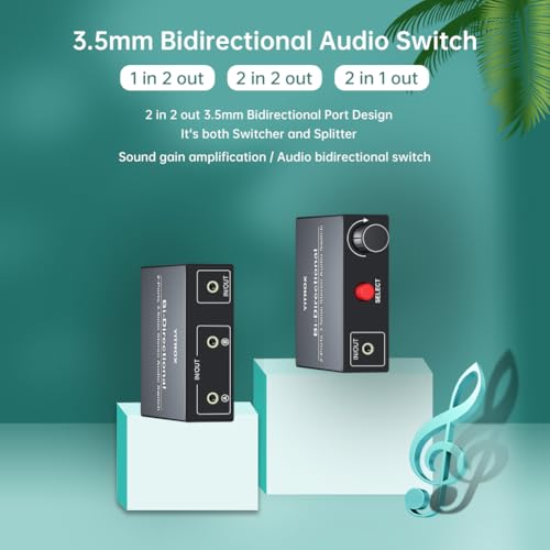 3.5mm Audio Switch, 2 in 2 Out Stereo Audio Switcher Suitable for PC/Laptop/Speakers/Headhphone and More