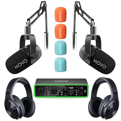 Movo Podcasting Equipment Bundle - Phantom USB Audio Interface, 2 CastMic XLR Dynamic Microphones, 2 Boom Arms and Headphones - Complete Studio Setup for Professional Podcasting and Streaming - style: with 2 Microphones, Boom Arms, Headphones