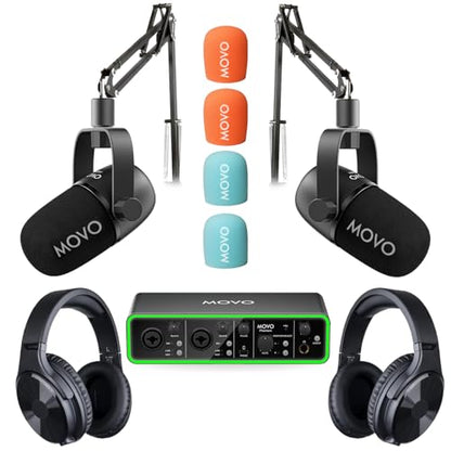 Movo Podcasting Equipment Bundle - Phantom USB Audio Interface, 2 CastMic XLR Dynamic Microphones, 2 Boom Arms and Headphones - Complete Studio Setup for Professional Podcasting and Streaming - style: with 2 Microphones, Boom Arms, Headphones