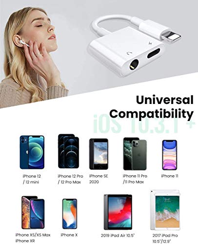2 Pack [Apple MFi Certified] Lighting to 3.5 mm Headphone Jack Adapter | 2 in 1 iPhone Headphone Jack Aux Audio + Charger Cable Splitter Adapter Dongle for iPhone 14 13 12 11 Pro Max XS XR X 8 7