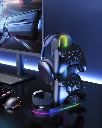 Headphone Stand, Dual Controller Holder, MagSafe Charger for iPhone/iWatch | RGB Gaming Headset Stand for All Headphones, Dual Outputs, ABS Solid Base, Adapter Included, Table Desk Organizer - color: Black with RGB