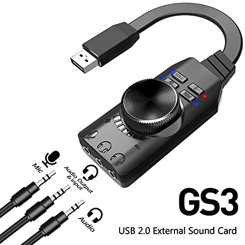 Sound Card, GS3 USB 2.0 External Sound Card Virtual 7.1 Channel Sound Card Adapter Plug and Play with Headphone Microphone Jacks Control Mute Mic Games Sound Effect Upgrade Version for Desktop