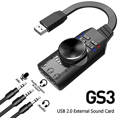 Sound Card, GS3 USB 2.0 External Sound Card Virtual 7.1 Channel Sound Card Adapter Plug and Play with Headphone Microphone Jacks Control Mute Mic Games Sound Effect Upgrade Version for Desktop