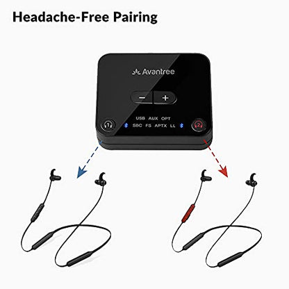 Avantree HT41866 - Dual Wireless TV Earbuds with Bluetooth Transmitter | 20-Hour Battery Life with No Lip-Sync Delay, Plus Optical, RCA, and AUX Support for Easy TV Setup.