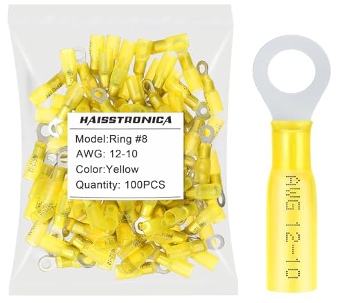 haisstronica 100PCS Heat Shrink Ring Terminals, 12-10 AWG, #8, Yellow | Battery and Ground Stud Connections, 1.0 mm Copper Barrel, 3:1 Adhesive-Lined Seal, Automotive Wiring Repairs, Ring Connector - color: Yellow, size: Ring #8