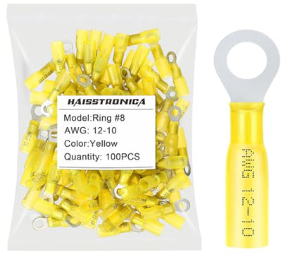 haisstronica 100PCS Heat Shrink Ring Terminals, 12-10 AWG, #8, Yellow | Battery and Ground Stud Connections, 1.0 mm Copper Barrel, 3:1 Adhesive-Lined Seal, Automotive Wiring Repairs, Ring Connector - color: Yellow, size: Ring #8