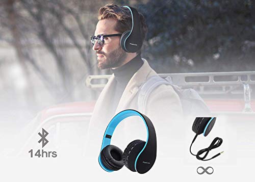PowerLocus Wireless Bluetooth Over-Ear Stereo Foldable Headphones, Wired Headsets with Built-in Microphone for iPhone, Samsung, LG, iPad (Black/Blue) - color: Black/Blue
