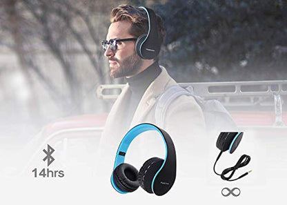 PowerLocus Wireless Bluetooth Over-Ear Stereo Foldable Headphones, Wired Headsets with Built-in Microphone for iPhone, Samsung, LG, iPad (Black/Blue) - color: Black/Blue