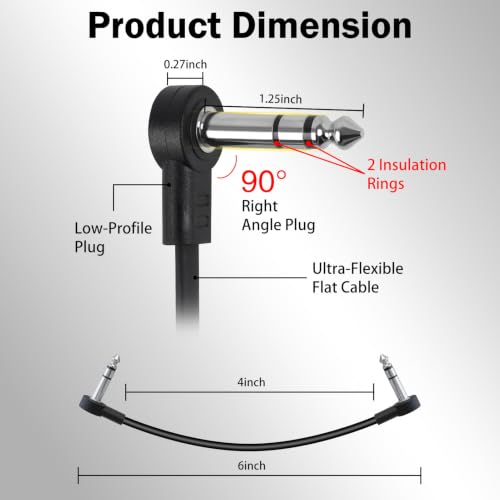 TRS Stereo Flat Patch Cables 4 in | 1/4" Right Angle Male-to-Male Connector for Effct Pedal, Low Profile, Save More Space Pedals Board, Black - color: 4 in