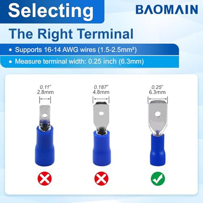 BAOMAIN 1/4" Fully Insulated Male and Female Spade Kit 16-14 AWG 200-Pack - size: Fully Insulated Female and Male