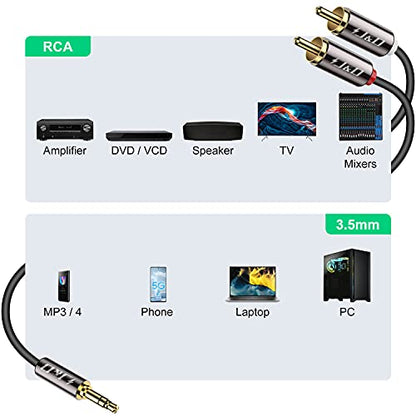 J&D 3.5mm to RCA Cable, Gold-Plated 3.5mm Male to 2RCA Male Stereo Audio Adapter, Heavy Duty Shielded Aux Cable for Home Theater, Speakers, Turntable, TV, Soundbar, 1 Feet - size: 1 Feet