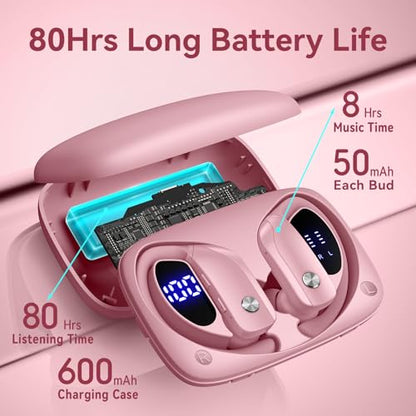 bmani Ear Buds Wireless Earbuds Bluetooth Headphones with 80H Playtime LED Display Case, Over-Ear Hook with Mic, Stereo Sound, Easy Button Controls, Sports Earphones for Running Workout Gym Pink - color: Pink, style: Standard