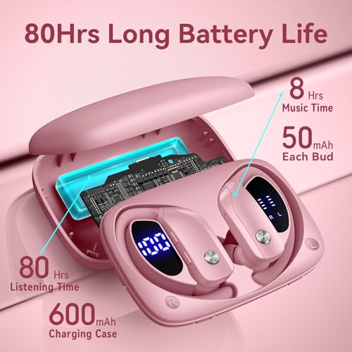 bmani Ear Buds Wireless Earbuds Bluetooth Headphones with 80H Playtime LED Display Case, Over-Ear Hook with Mic, Stereo Sound, Easy Button Controls, Sports Earphones for Running Workout Gym Pink - color: Pink, style: Standard