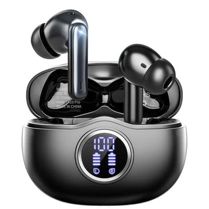 Wireless Earbuds, Bluetooth 5.3 Headphones HiFi Stereo 50H Playback LED Digital Display Ear Buds with ENC Noise Canceling Headset, IPX7 Waterproof Earphones for Gym/Running/Work（Black） - color: Black