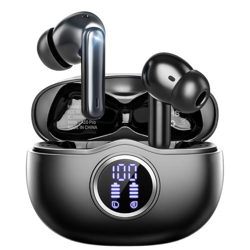 Wireless Earbuds, Bluetooth 5.3 Headphones HiFi Stereo 50H Playback LED Digital Display Ear Buds with ENC Noise Canceling Headset, IPX7 Waterproof Earphones for Gym/Running/Work（Black） - color: Black