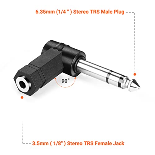 Right Angled 6.35mm TRS 3 Pole Male to 3.5mm Female Adapter | 90 Degree, 3 Pack