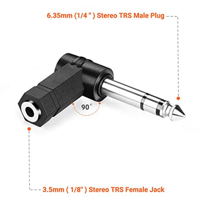 Right Angled 6.35mm TRS 3 Pole Male to 3.5mm Female Adapter | 90 Degree, 3 Pack