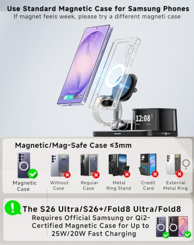 Qi2.2 25W 6-in-1 Magnetic Charging Station for Samsung, Alarm Clock | Night Light,Bluetooth Speaker,Fast Wireless Charger Stand for Z Fold 8 Ultra/Fold8 Wide/S26 Ultra (Not for Watch 9/Ultra2)