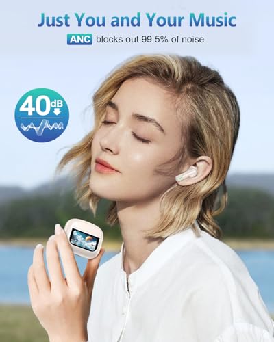 Wireless Earbuds Bluetooth Headphones, ANC/ENC Noise Cancelling, Ear Buds with Multifuntional Touch Screen, 40H Stereo Sound for Sports, IPX7 Clear Calls, 5 EQ for iOS Android - Beige