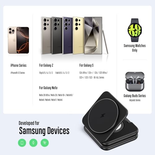 KU XIU 3 in 1 Charging Station for Samsung Phone Watch Buds | Aluminum Alloy Foldable Wireless Charger for Samsung Galaxy S26 S25 Ultra/Galaxy Buds, for Galaxy Watch Ultra 8 7 6 5 4 - color: Black