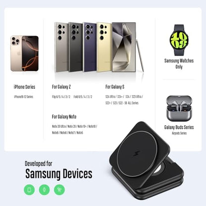 KU XIU 3 in 1 Charging Station for Samsung Phone Watch Buds | Aluminum Alloy Foldable Wireless Charger for Samsung Galaxy S26 S25 Ultra/Galaxy Buds, for Galaxy Watch Ultra 8 7 6 5 4 - color: Black