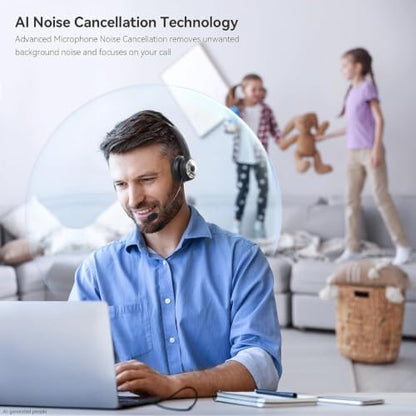 LEVN Bluetooth 5.0 Headset, Wireless Headset with Microphone (AI Noise Cancelling), 35Hrs Bluetooth Headphones with USB Dongle for PC, Suitable for Remote Work/Call Center/Zoom/Online Class, Black