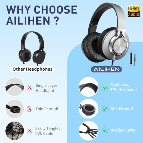 AILIHEN C90 Wired Headphones with Mic Volume Control Noise Isolating Grey | Over Ear Headphones Wired for Teens&Adults, Super Soft, Foldable, Portable Bag, Durable 3.5mm for PC, Tablet&Chromebook - color: Grey