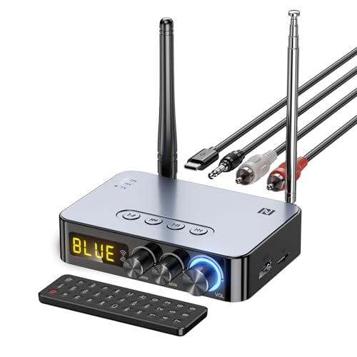 Bluetooth Audio Receiver Transmitter 4-in-1 (with Remote) for Home Stereo TV, HiFi Wireless Audio Adapter with 3.5mm AUX,RCA,6.5mm Mic Connection, FM Radio, Low Latency NFC Audio Adapter