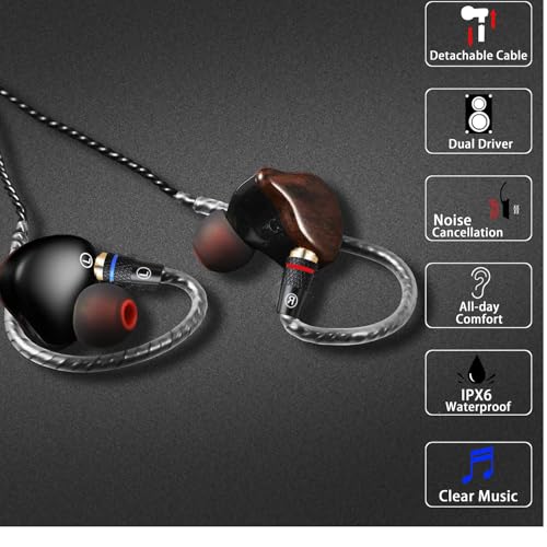 Dynamic Banlance in-Ear Earphone 2DD HiFi Headset in Ear Monitors Headphones Wired Earbuds IEM Earphones Gaming Earbuds（Wood Type-C Without mic）