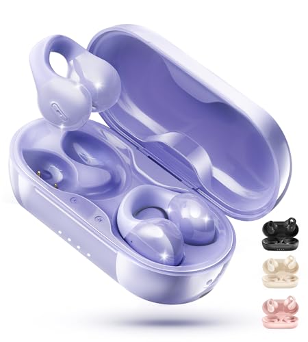 King Lucky i21 Open Ear Clip On Earbuds Wireless Bluetooth Ear Clip Headphones with Mic,Noise Cancelling, Waterproof IPX4,for Small Ears,Perfect for Running,Sports,Glasses Wearers (Purple) - color: Purple