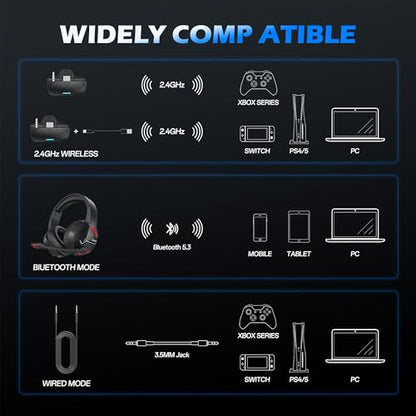 BINNUNE Wireless Headset for Xbox Series X/S, Xbox One, 120H Ultra-Long Battery, Wireless Gaming Headset with Mic, 50mm Drivers, Bluetooth 5.3 & Comfortable Over-Ear Wireless Headphones - color: Black