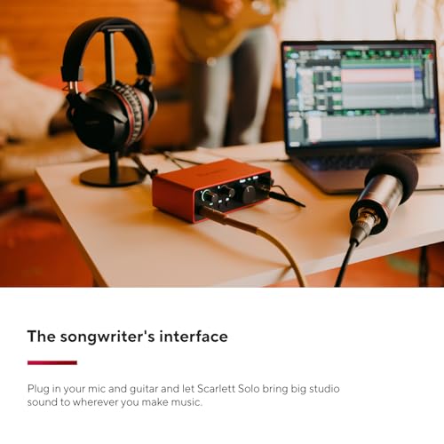 Focusrite Scarlett Solo 4th Gen USB Audio Interface, for the Guitarist, Vocalist, or Producer — High-Fidelity, Studio Quality Recording, and All the Software You Need to Record | 1 XLR Mic Preamp, 1 Hi-Z Instrument Input, 24-Bit/192kHz, 120dB Dynamic Rang