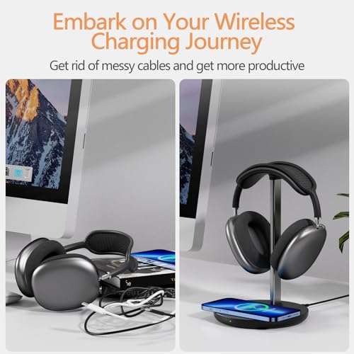 Headphone Stand with Wireless Charger, Gaming Headset Holder Hanger Rack 2 IN 1 Wireless Charging Station Dock for iPhone 15/14/13/12/11 Series, Samsung, AirPods Pro/3/2 and Desk All Headphones, Black | 2 in 1 Charging Station for iPhone, Samsung, AirPods