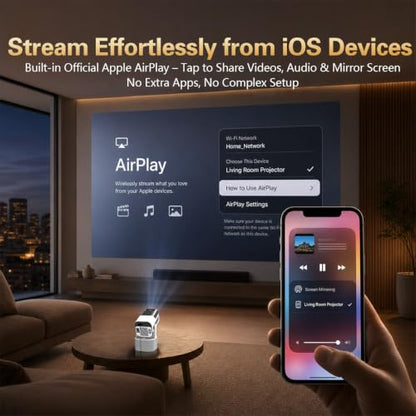 Projector with WiFi and Bluetooth, 1080P Projector for Bedroom | 180° Rotatable Smart Projector, 2 Wireless Microphones Included, Compatible with HDMI, USB, iOS, Android, Windows, TV Stick