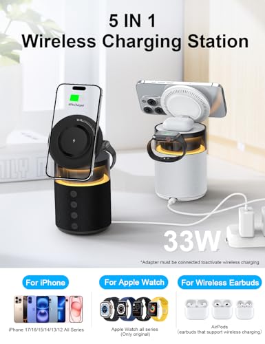 5-in-1 Wireless Charging Station with Bluetooth Speaker,Magnetic Charger with Night Light,Charger Stand with 33W Adapter Compatible with Apple Watch&iPhone 16 15 14 13 12 Pro Max&Wireless Earbuds