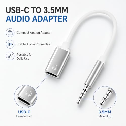 3.5mm Male to Type-C Female Audio Adapter Cable, White, Compatible with Smartphones, MP3 Players, Laptops, Tablets