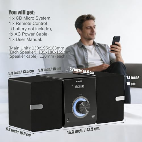 Compact Stereo System Speakers with CD Player, Bluetooth, FM Radio, Aux-in, USB-in, Earphone Jack, DSP-Tech, Remote, 30W Crisp-Sound Shelf Stereo System for Home (LP-886)