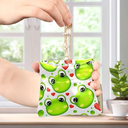 Leather Waterproof Portable No Zipper Purse, Coin Pocket Pouch Change Holder, Small Storage Bag for Men Women Headset Credit Card ID Key Lipstick, (Cute Green Frogs)