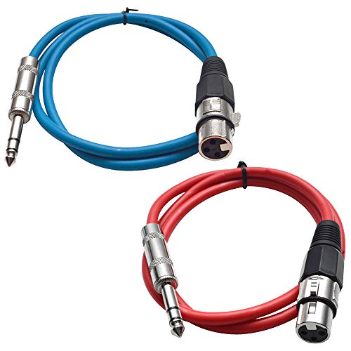 Seismic Audio - SATRXL-F2-2 Pack of 2 Foot 1/4 Inch TRS to XLR Female Patch Cables - Balanced - 2 Foot Patch Cord - Blue and Red - color: Blue and Red
