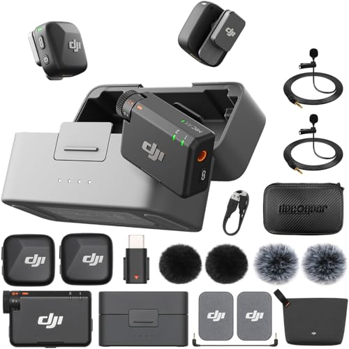 DJI Mic Mini (2 TX + 1 RX + Charging Case) Wireless Lavalier Microphone, Ultralight, Noise Cancelling, Up to 48-Hour Battery Life Bundle with 2 x Deco Gear Lapel Microphone and 5" EVA Case - size: DJI Mic Mini + Essentials