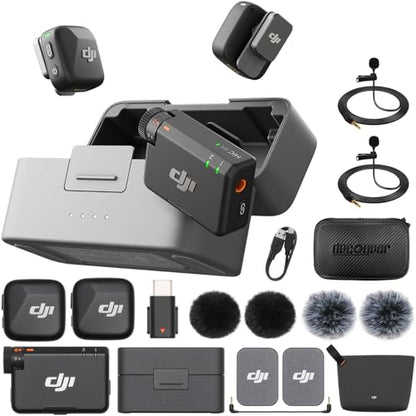 DJI Mic Mini (2 TX + 1 RX + Charging Case) Wireless Lavalier Microphone, Ultralight, Noise Cancelling, Up to 48-Hour Battery Life Bundle with 2 x Deco Gear Lapel Microphone and 5" EVA Case - size: DJI Mic Mini + Essentials