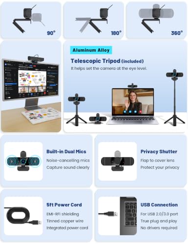 Pro UHD 4K/30fps Webcam with Tripod, External USB Camera for PC/Laptop | Dual noise-cancelling mics | Auto-focus | Wide-angle | Low-light correction | 360° rotation | CMOS sensor | Plug and Play - style: 4K | 30fps | USB Cable | Tripod Included