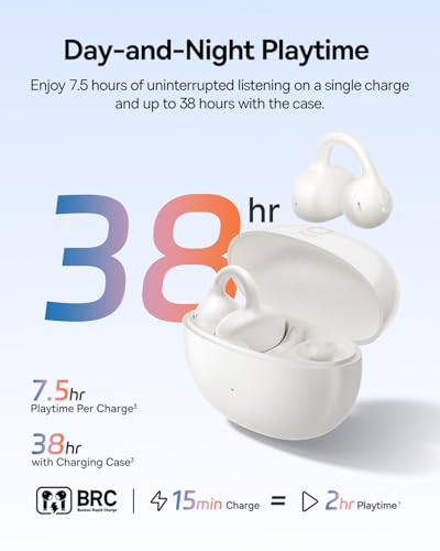 Baseus Bass BC1 Open Ear Earbuds Clip-On Headphones, Open-Ring Comfort with Tri-Curve Snug Clip, Powerful Sound with SuperBass, 4-Mic Clear Calls, IP55 Waterproof, 38H Playtime, Lightweight - color: Starlight White