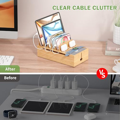 Pezin & Hulin Bamboo Charging Stand Rack, No Power Adapter Supply -Natural | Wooden Charge Box for Mobile Phones, Tablets, Smart Watch and Earbuds, Wire Cable Organizer Box, Bedside Dock Stand Holder - color: Natural (No Charger)