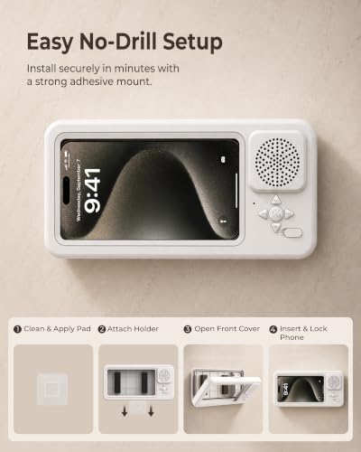 Shower Phone Holder Waterproof with Wireless Bluetooth Speaker | IP67, Anti-Fog HD Touch Screen, Bathroom Wall Mount Phone Case, 360° Rotating, Hands-Free Calls, Fits 4.7-7" Phones