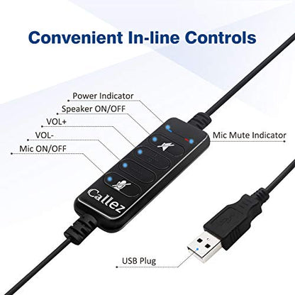 Callez USB Headset with Microphone Noise Cancelling & Audio Controls for PC | Stereo Computer Headphones for Laptop Business Skype Zoom UC Lync Softphone Call Center Office, Clearer Voice, Ultra Comfort